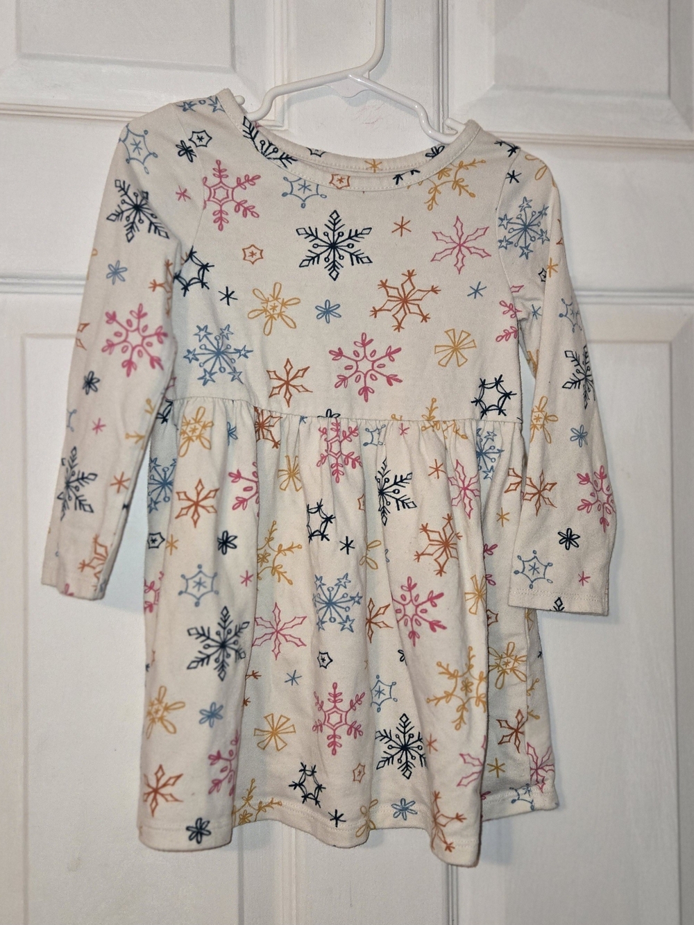 Cat & Jack Cream Long-Sleeve Snowflake Print Dress SZ 3T
